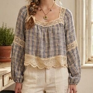 plaid peasant top cropped Lace Boho blue xl cottagecore boho prairie oversized